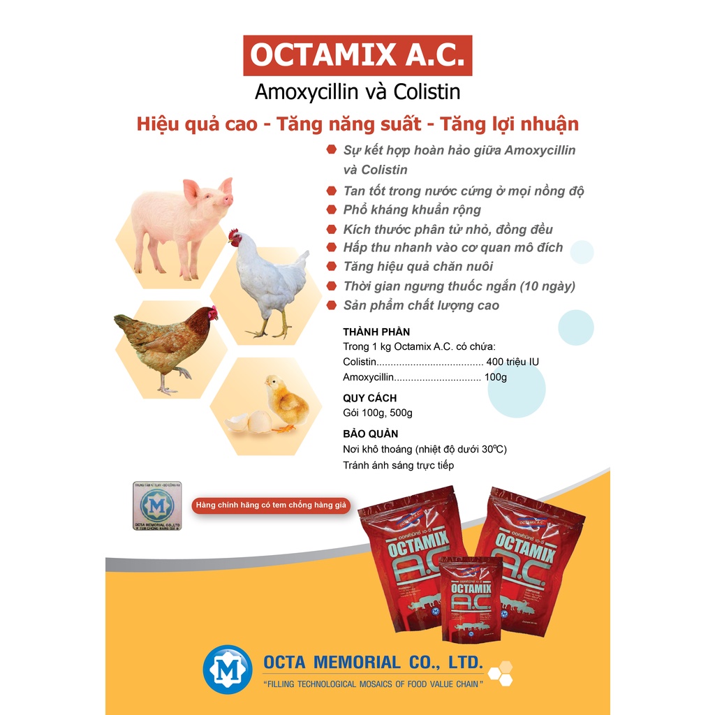 Úm gà, vit, gà đá, heo con, bê, cừu non, dê OCTAMIX AC, Gói 100gr