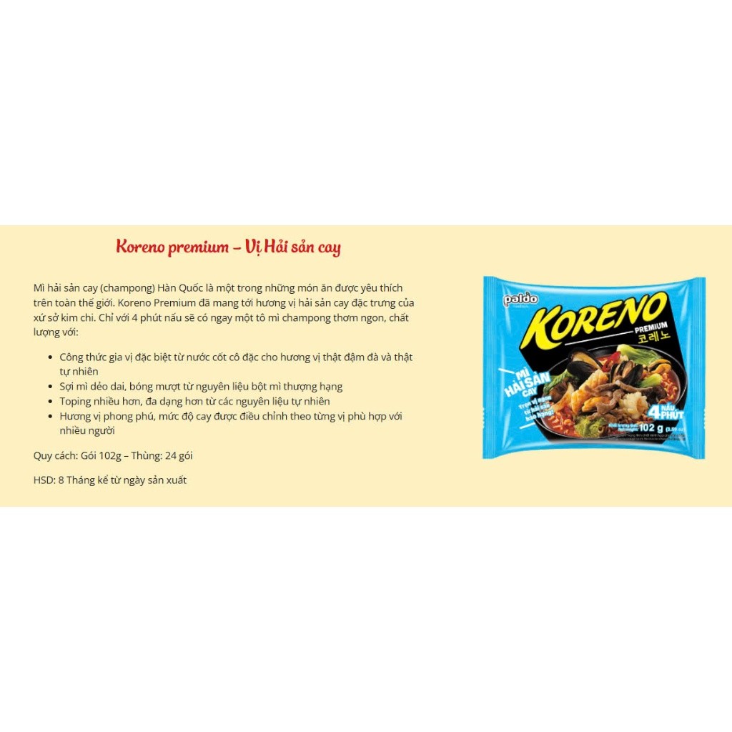 [THÙNG 24 GÓI] MÌ KORENO PREMIUM – VỊ GÀ HẦM & HẢI SẢN CAY – GÓI 100G – CHUẨN HÀN QUỐC