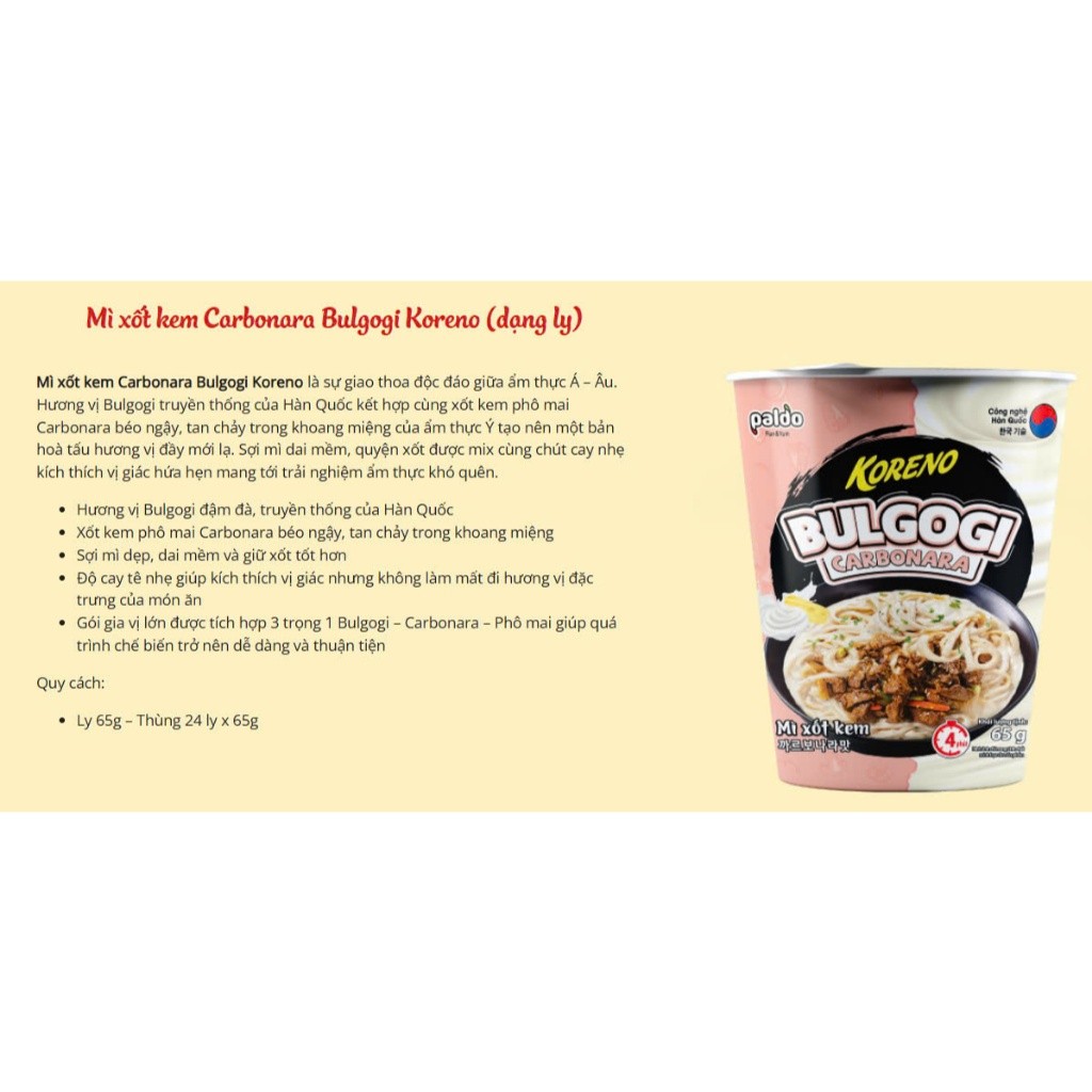 [THÙNG 24 LY] MÌ XÀO CARBONARA BULGOGI KORENO – 3 VỊ THƠM NGON – 65G/LY