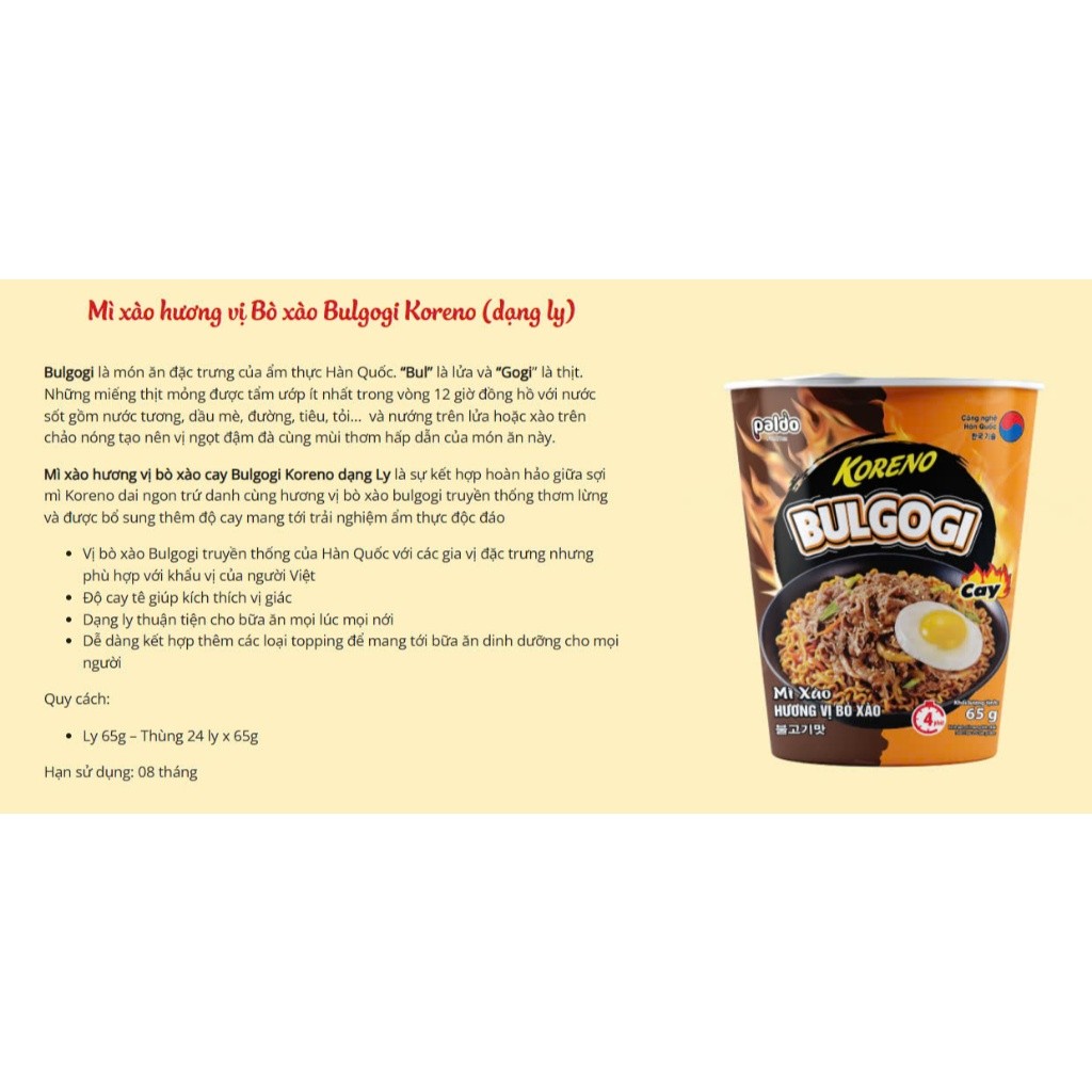 [THÙNG 24 LY] MÌ XÀO CARBONARA BULGOGI KORENO – 3 VỊ THƠM NGON – 65G/LY