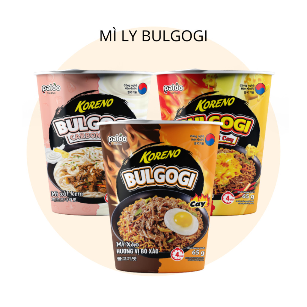 [THÙNG 24 LY] MÌ XÀO CARBONARA BULGOGI KORENO – 3 VỊ THƠM NGON – 65G/LY
