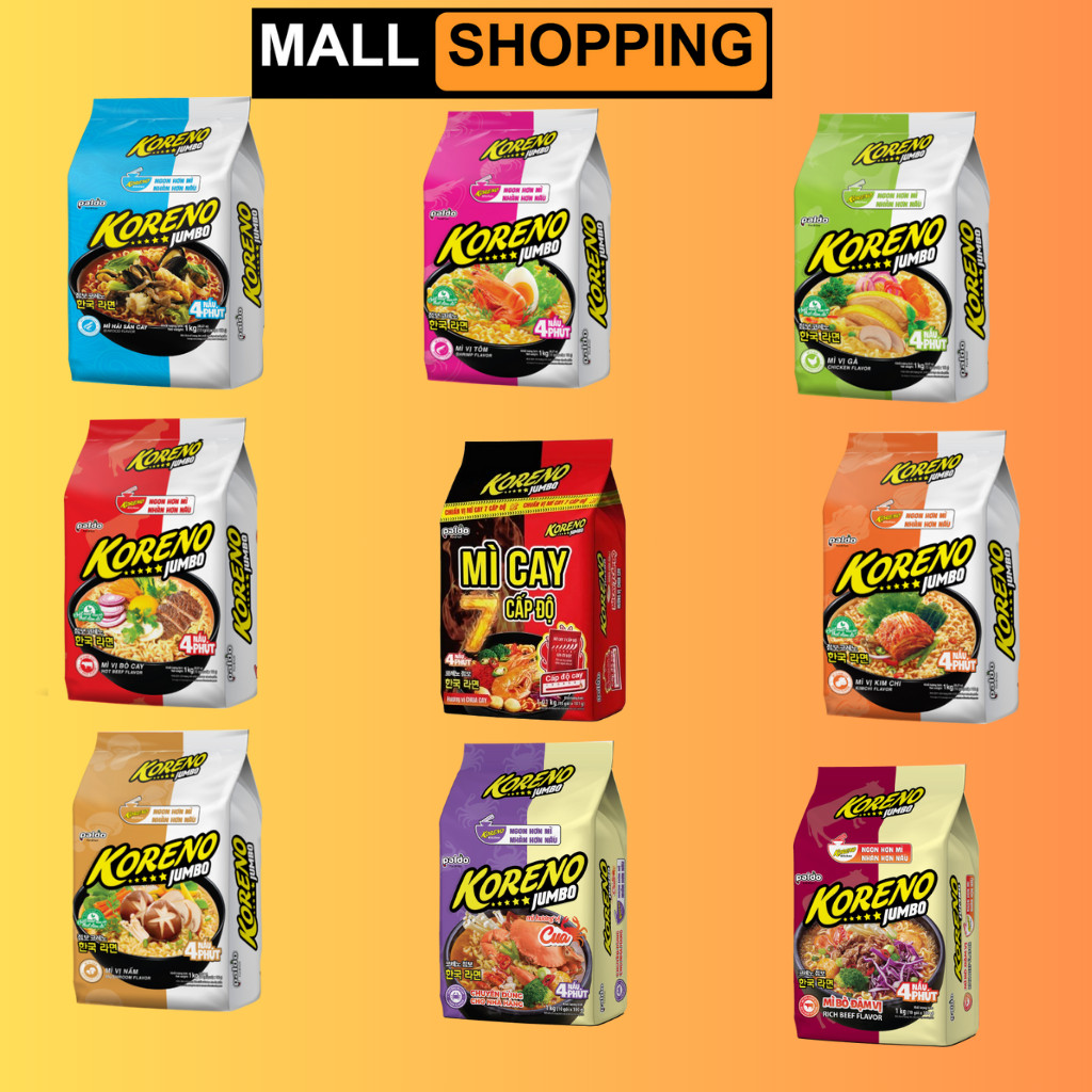 [1 THÙNG 10 LỐC] GÓI MÌ KORENO JUMBO HÀN QUỐC NHIỀU VỊ GÀ | TÔM | BÒ CAY | KIM CHI | NẤM | HẢI SẢN CAY | BÒ ĐẬM VỊ