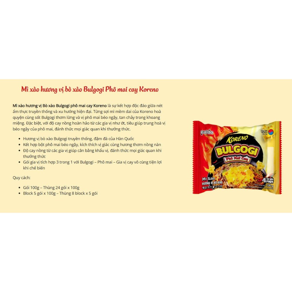 [THÙNG 24 GÓI] MÌ XÀO KORENO CARBONARA BULGOGI – COMBO 3 VỊ THƠM NGON – GÓI 100G – HÀN QUỐC