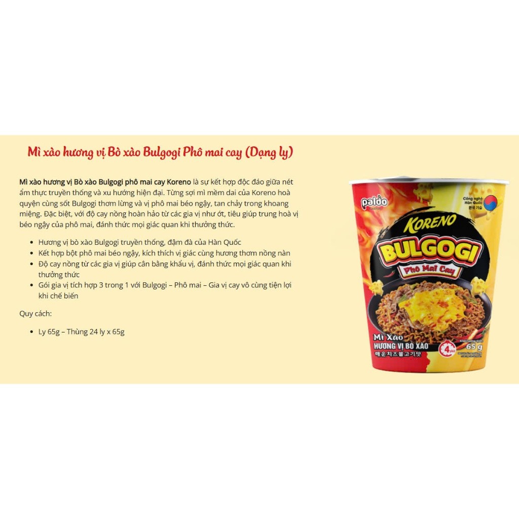 [THÙNG 24 LY] MÌ XÀO CARBONARA BULGOGI KORENO – 3 VỊ THƠM NGON – 65G/LY