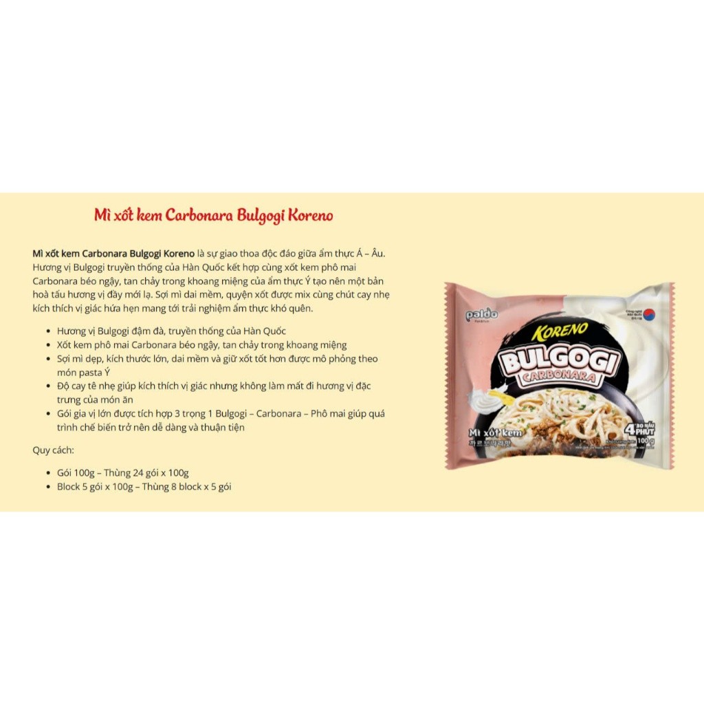 [THÙNG 24 GÓI] MÌ XÀO KORENO CARBONARA BULGOGI – COMBO 3 VỊ THƠM NGON – GÓI 100G – HÀN QUỐC