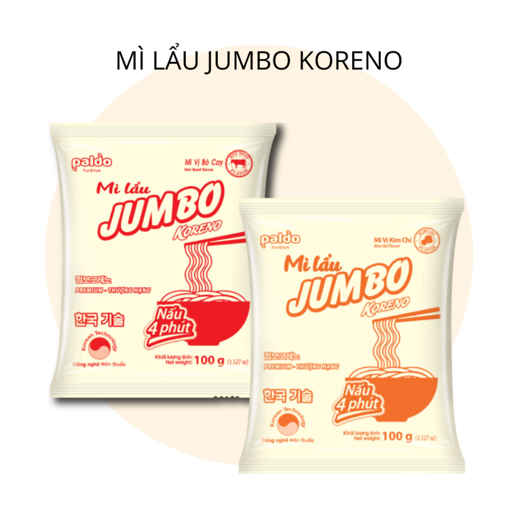 [THÙNG 80 GÓI] MÌ LẨU KORENO JUMBO – VỊ KIM CHI & BÒ CAY – GÓI 100G – MÌ HÀN QUỐC CHÍNH HÃNG