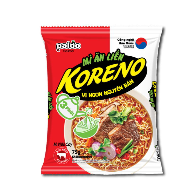 [THÙNG 30 GÓI] MÌ ĂN LIỀN KORENO – VỊ KIM CHI & BÒ CAY – GÓI 75G – SỢI NHỎ – CHÍNH HÃNG HÀN QUỐC