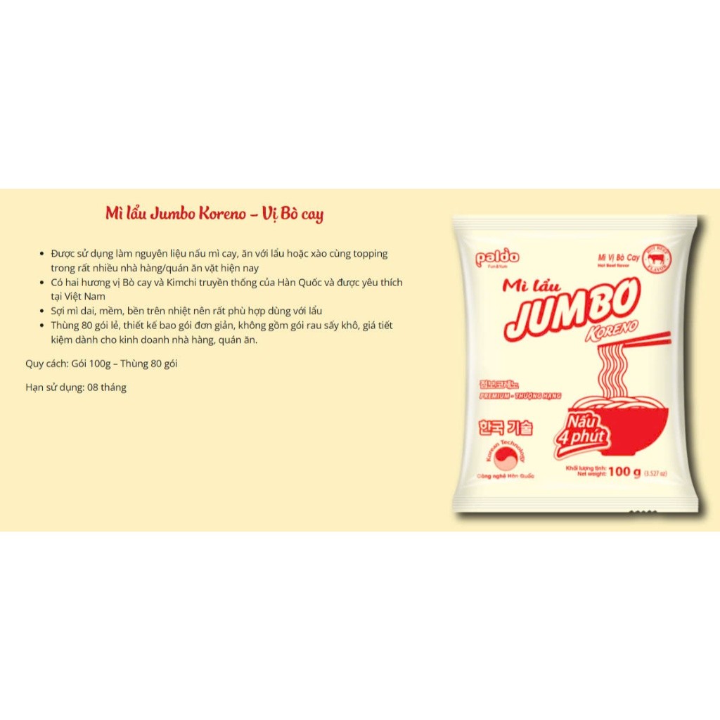 [THÙNG 80 GÓI] MÌ LẨU KORENO JUMBO – VỊ KIM CHI & BÒ CAY – GÓI 100G – MÌ HÀN QUỐC CHÍNH HÃNG