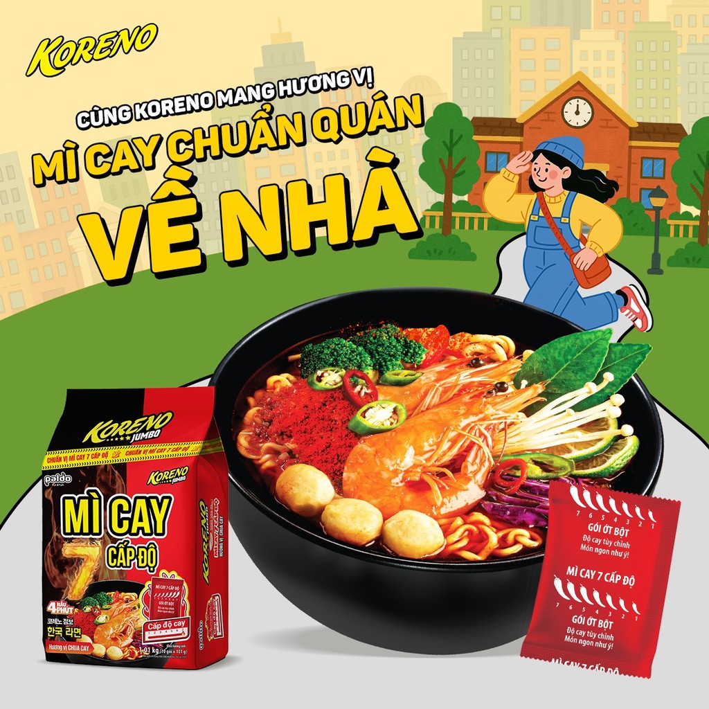 [1 THÙNG 100 GÓI] MÌ KORENO JUMBO CAY 7 CẤP ĐỘ – MÌ ĂN LIỀN HÀN QUỐC THÁCH THỨC VỊ GIÁC