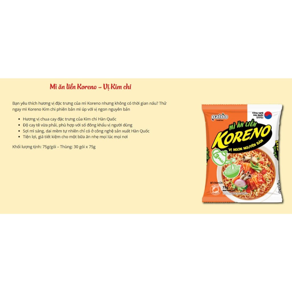 [THÙNG 30 GÓI] MÌ ĂN LIỀN KORENO – VỊ KIM CHI & BÒ CAY – GÓI 75G – SỢI NHỎ – CHÍNH HÃNG HÀN QUỐC