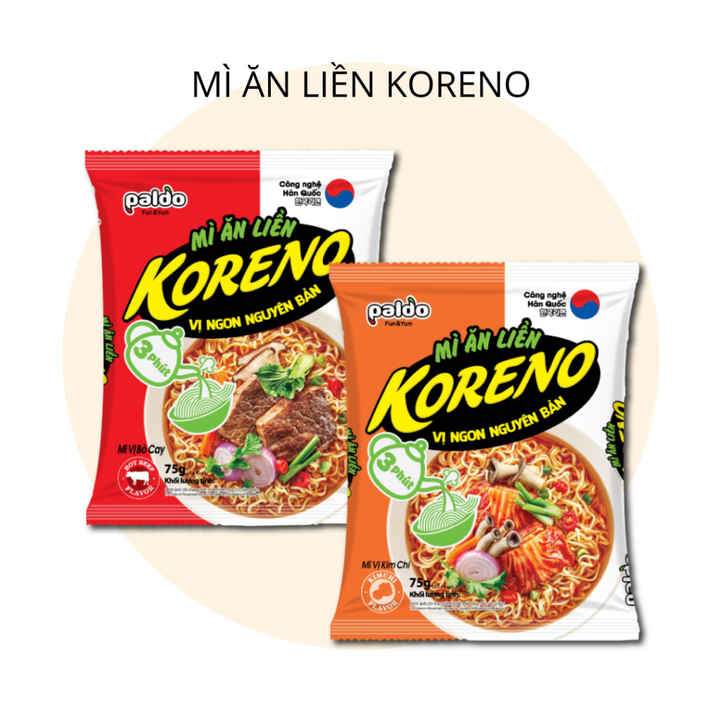 [THÙNG 30 GÓI] MÌ ĂN LIỀN KORENO – VỊ KIM CHI & BÒ CAY – GÓI 75G – SỢI NHỎ – CHÍNH HÃNG HÀN QUỐC
