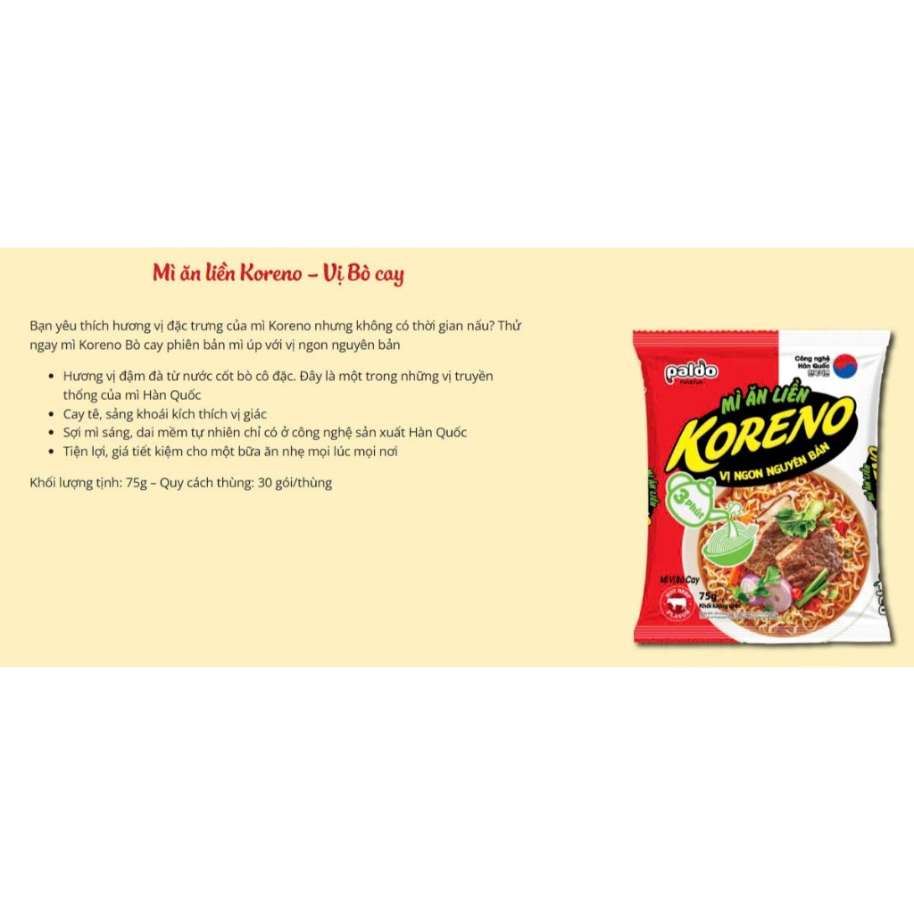 [THÙNG 30 GÓI] MÌ ĂN LIỀN KORENO – VỊ KIM CHI & BÒ CAY – GÓI 75G – SỢI NHỎ – CHÍNH HÃNG HÀN QUỐC