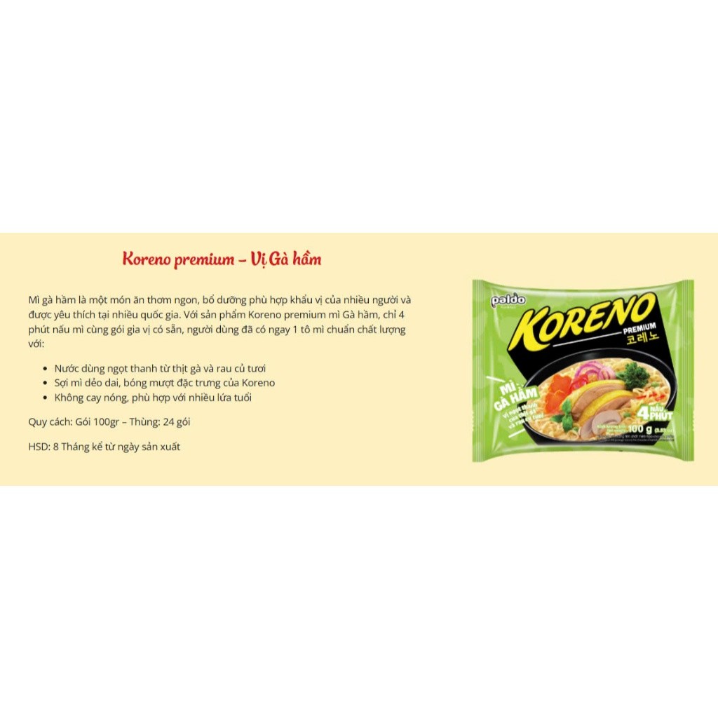 [THÙNG 24 GÓI] MÌ KORENO PREMIUM – VỊ GÀ HẦM & HẢI SẢN CAY – GÓI 100G – CHUẨN HÀN QUỐC