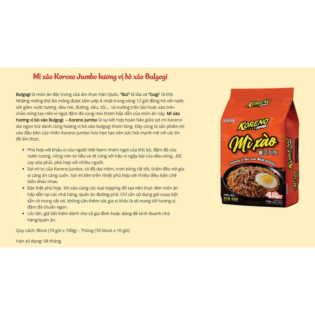 [1 THÙNG 10 LỐC] MÌ XÀO KORENO JUMBO BULGOGI – THỊT BÒ BULGOGI KẾT HỢP HƯƠNG VỊ CUA