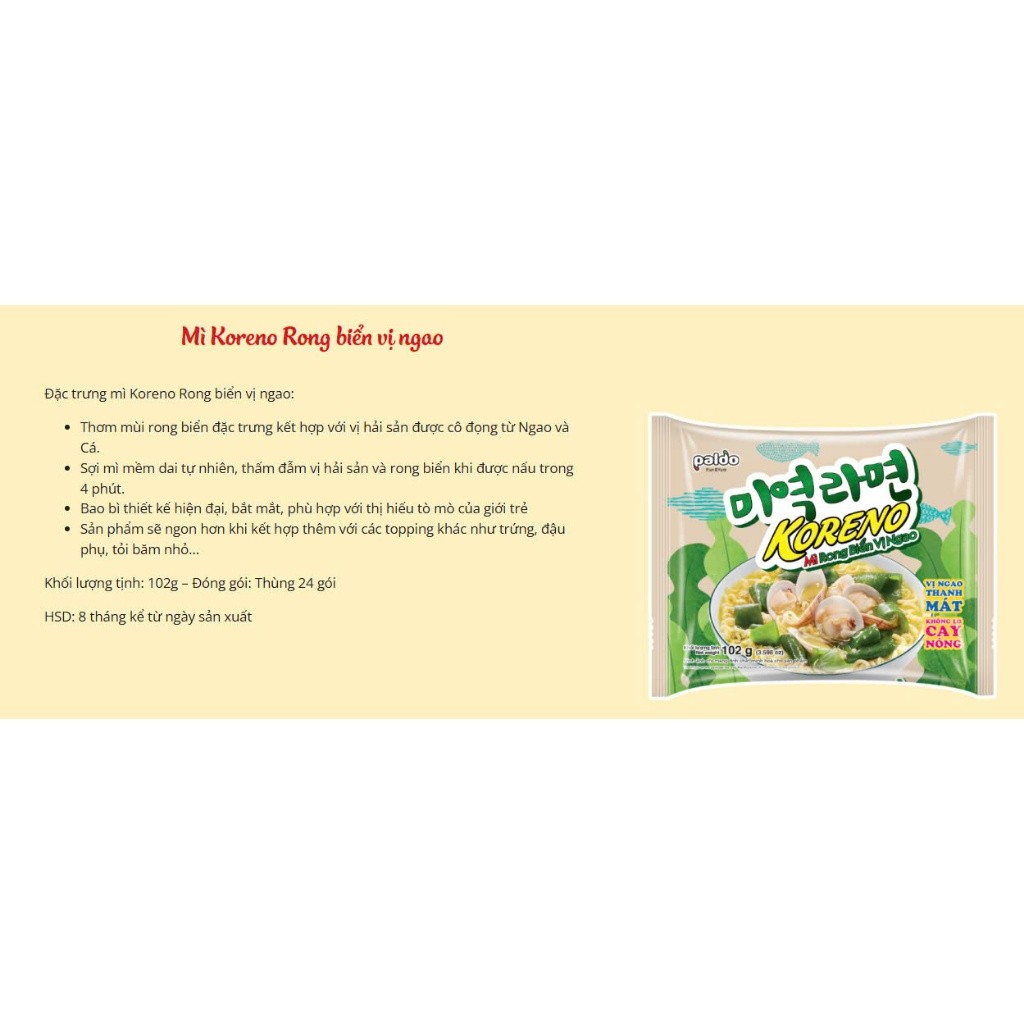 [THÙNG 24 GÓI] MÌ KORENO RONG BIỂN VỊ NGAO – GÓI 102G – NHẬP KHẨU CHÍNH HÃNG HÀN QUỐC