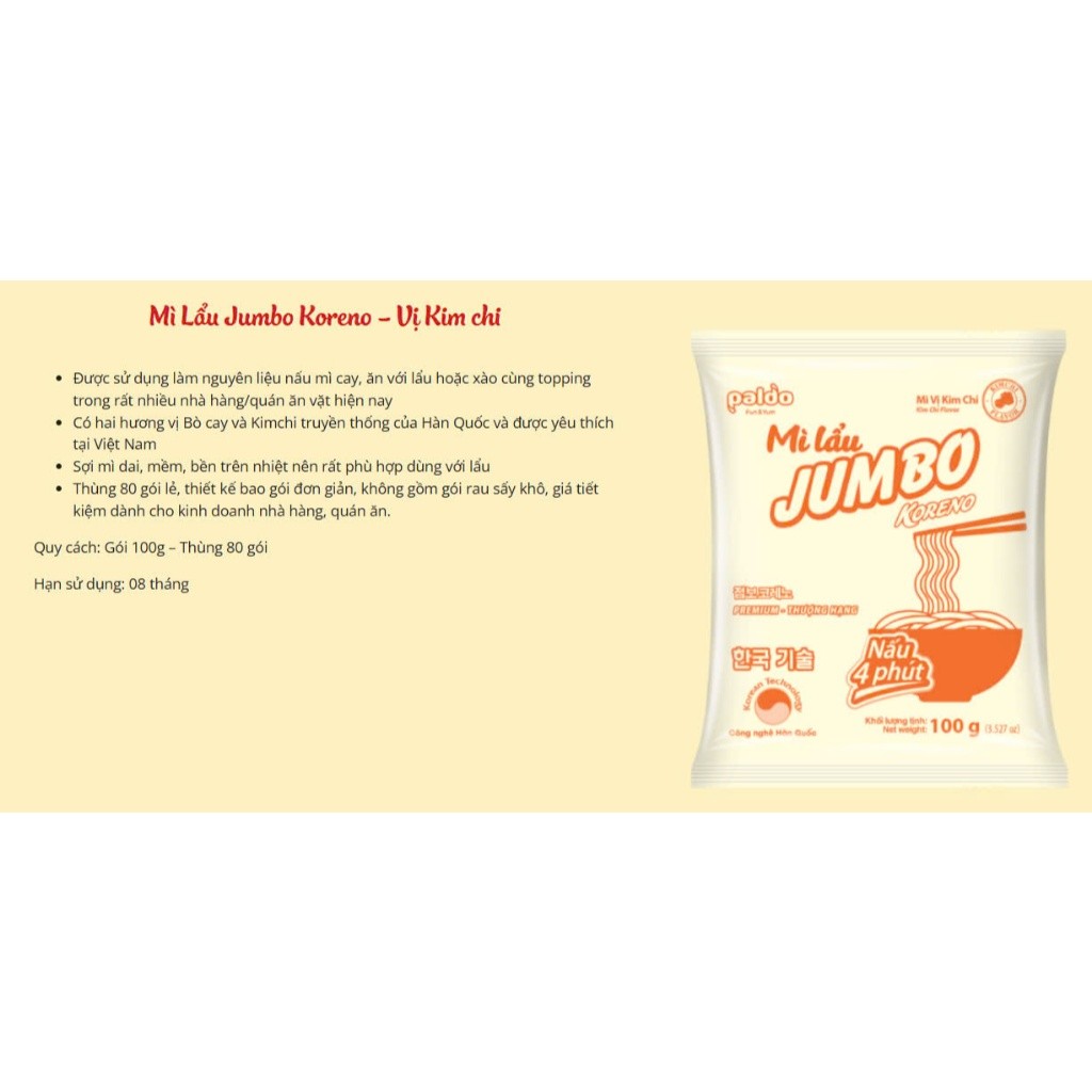 [THÙNG 80 GÓI] MÌ LẨU KORENO JUMBO – VỊ KIM CHI & BÒ CAY – GÓI 100G – MÌ HÀN QUỐC CHÍNH HÃNG