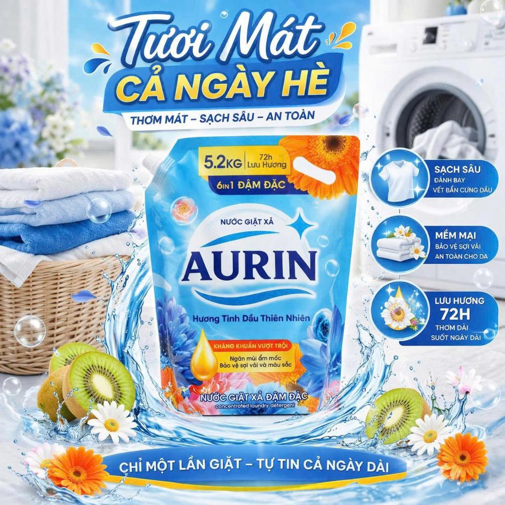 [Túi 5.2Kg] Nước Giặt Xả Lưu Hương AURIN Hương Tinh Dầu Thiên Nhiên, Dịu Nhẹ, Làm Sạch Tốt, Bền Màu