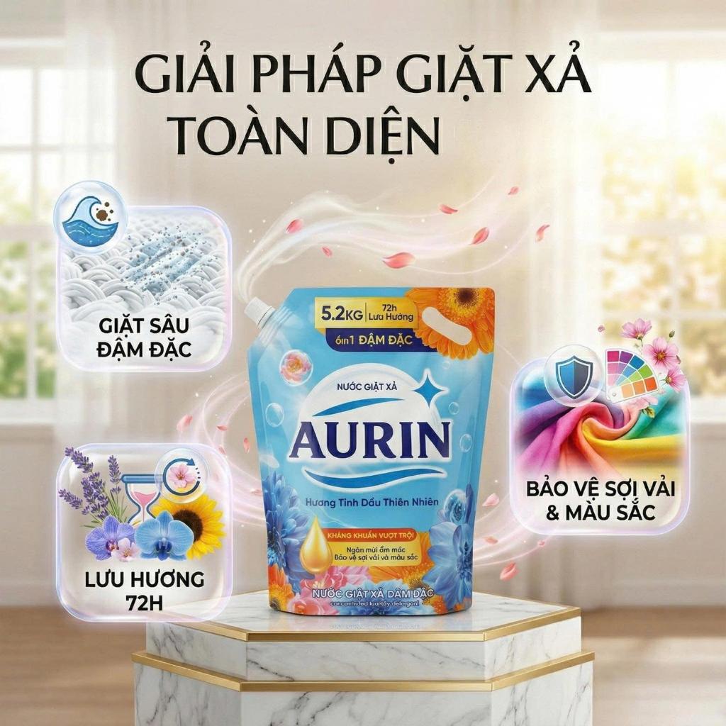 [Túi 5.2Kg] Nước Giặt Xả Lưu Hương AURIN Hương Tinh Dầu Thiên Nhiên, Dịu Nhẹ, Làm Sạch Tốt, Bền Màu