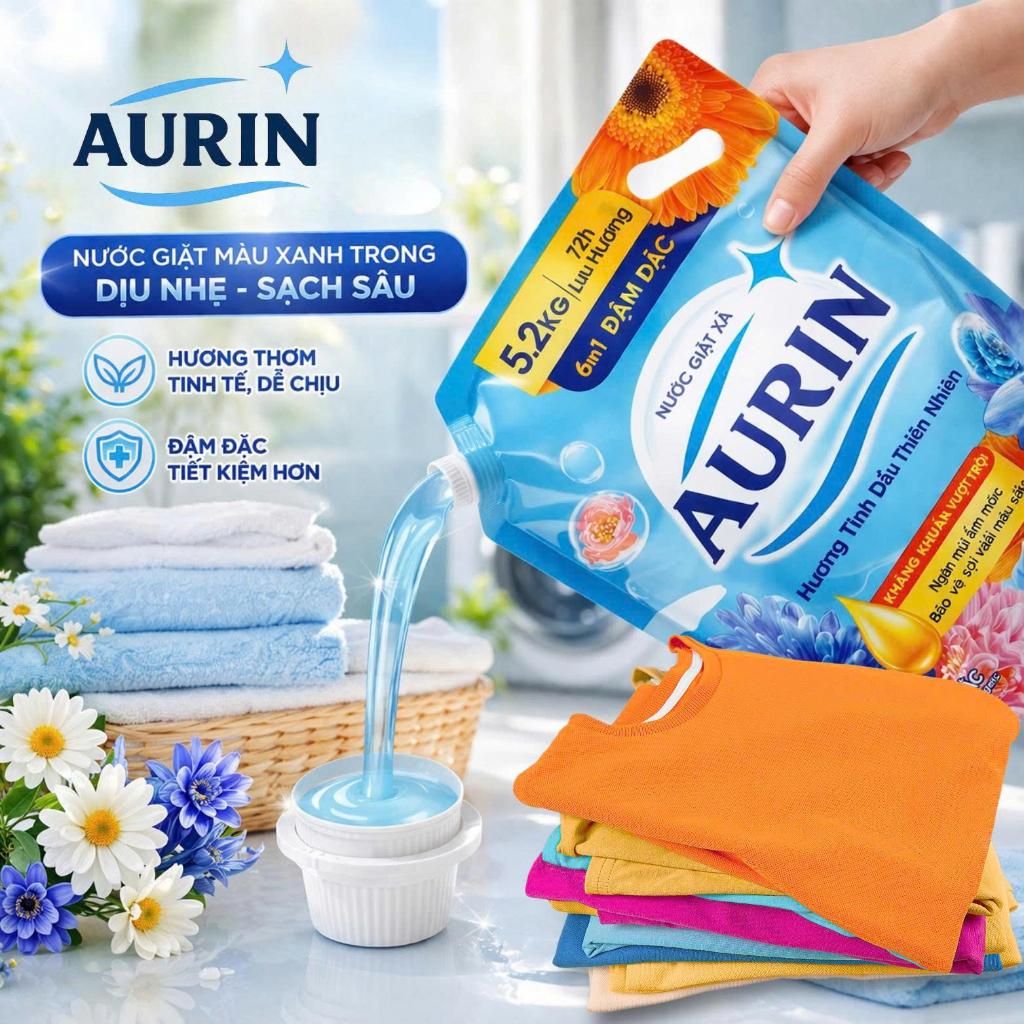[Túi 5.2Kg] Nước Giặt Xả Lưu Hương AURIN Hương Tinh Dầu Thiên Nhiên, Dịu Nhẹ, Làm Sạch Tốt, Bền Màu