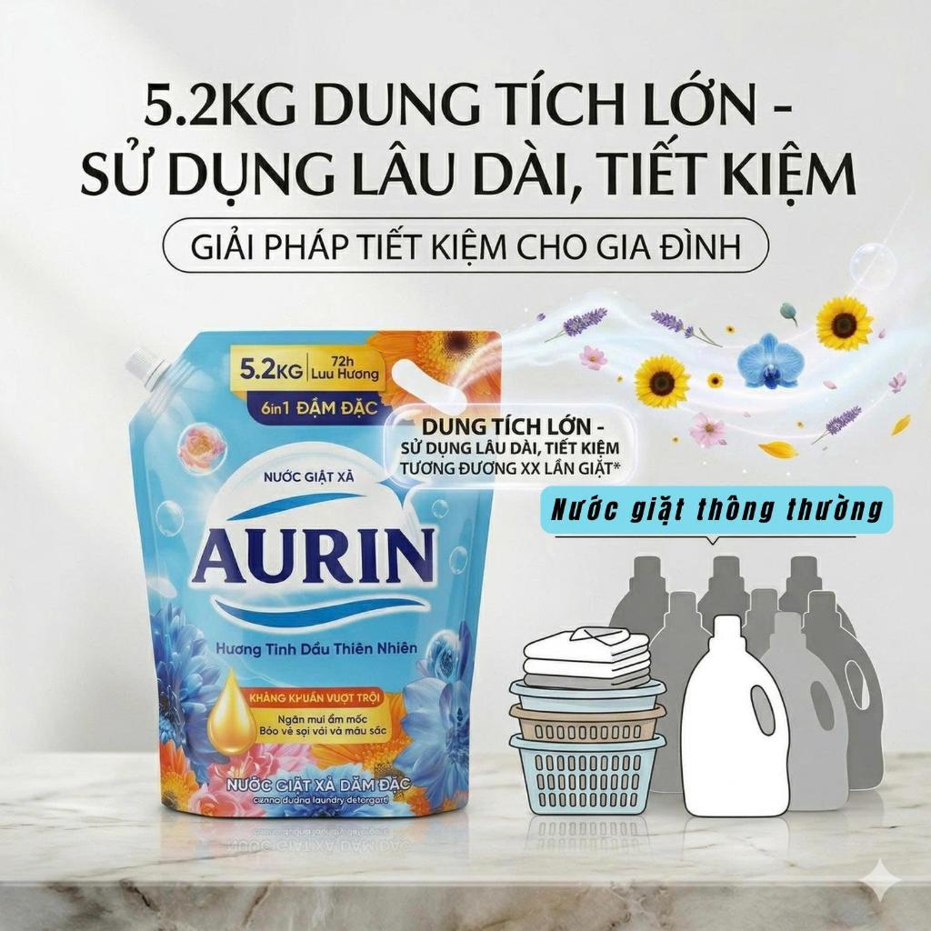 [Túi 5.2Kg] Nước Giặt Xả Lưu Hương AURIN Hương Tinh Dầu Thiên Nhiên, Dịu Nhẹ, Làm Sạch Tốt, Bền Màu