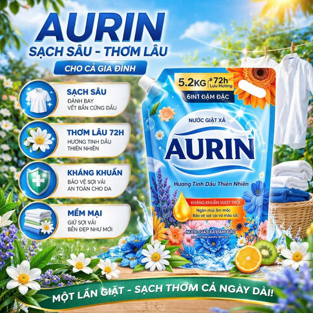 [Túi 5.2Kg] Nước Giặt Xả Lưu Hương AURIN Hương Tinh Dầu Thiên Nhiên, Dịu Nhẹ, Làm Sạch Tốt, Bền Màu