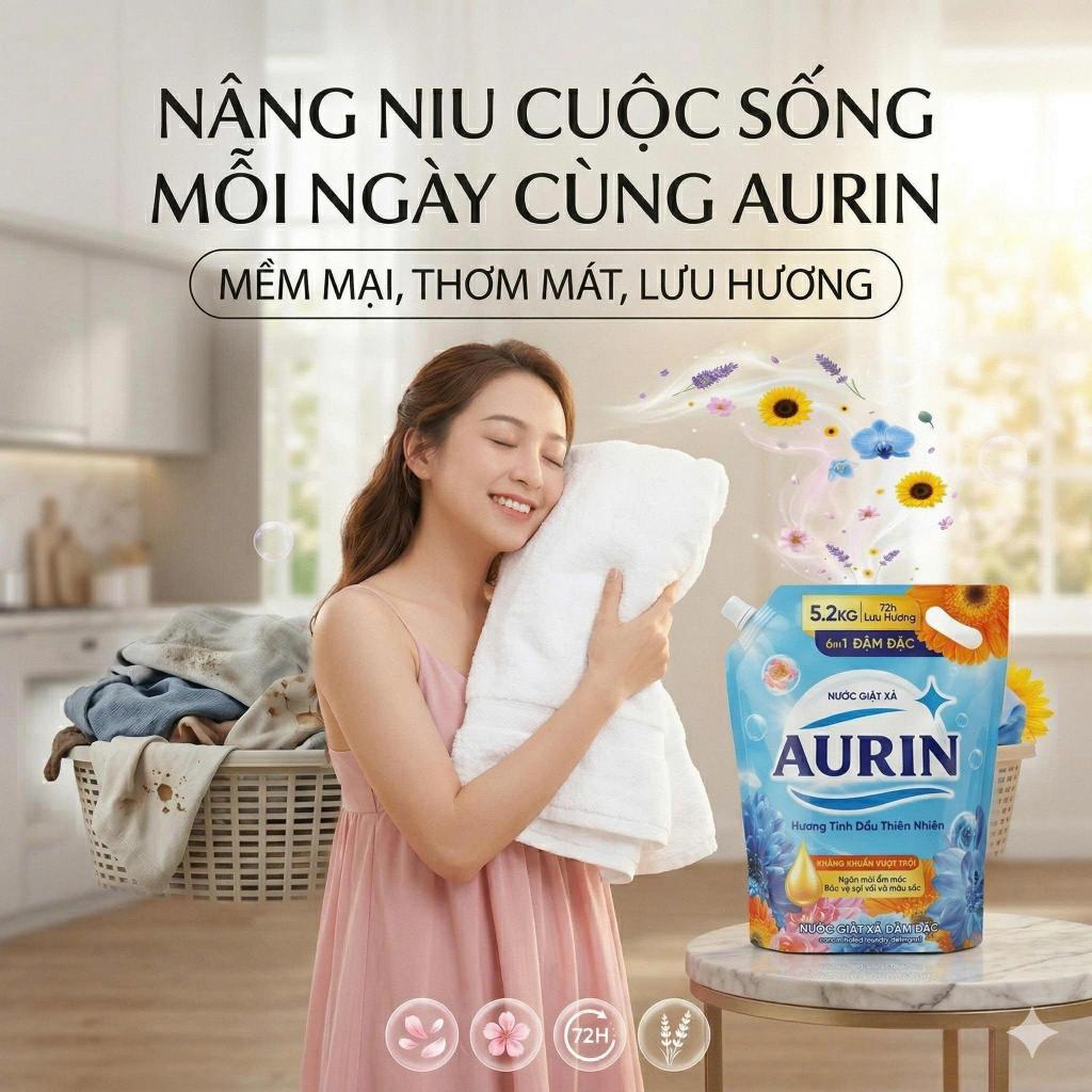 [Túi 5.2Kg] Nước Giặt Xả Lưu Hương AURIN Hương Tinh Dầu Thiên Nhiên, Dịu Nhẹ, Làm Sạch Tốt, Bền Màu