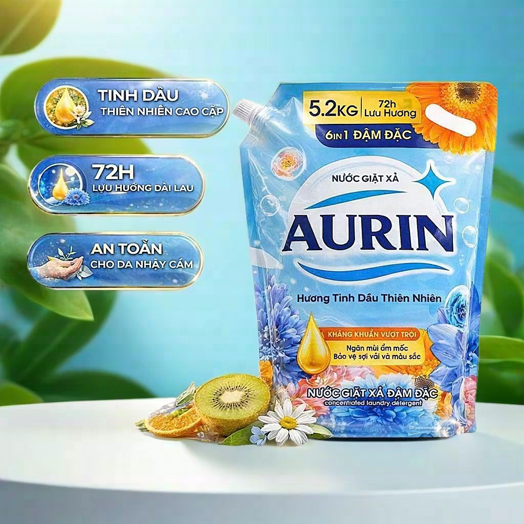 [Túi 5.2Kg] Nước Giặt Xả Lưu Hương AURIN Hương Tinh Dầu Thiên Nhiên, Dịu Nhẹ, Làm Sạch Tốt, Bền Màu
